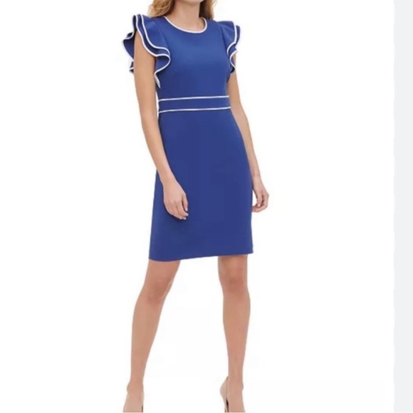 Tommy Hilfiger Blue Sheath Dress with Flutter Sleeves and Crew Neck - Picture 1 of 8
